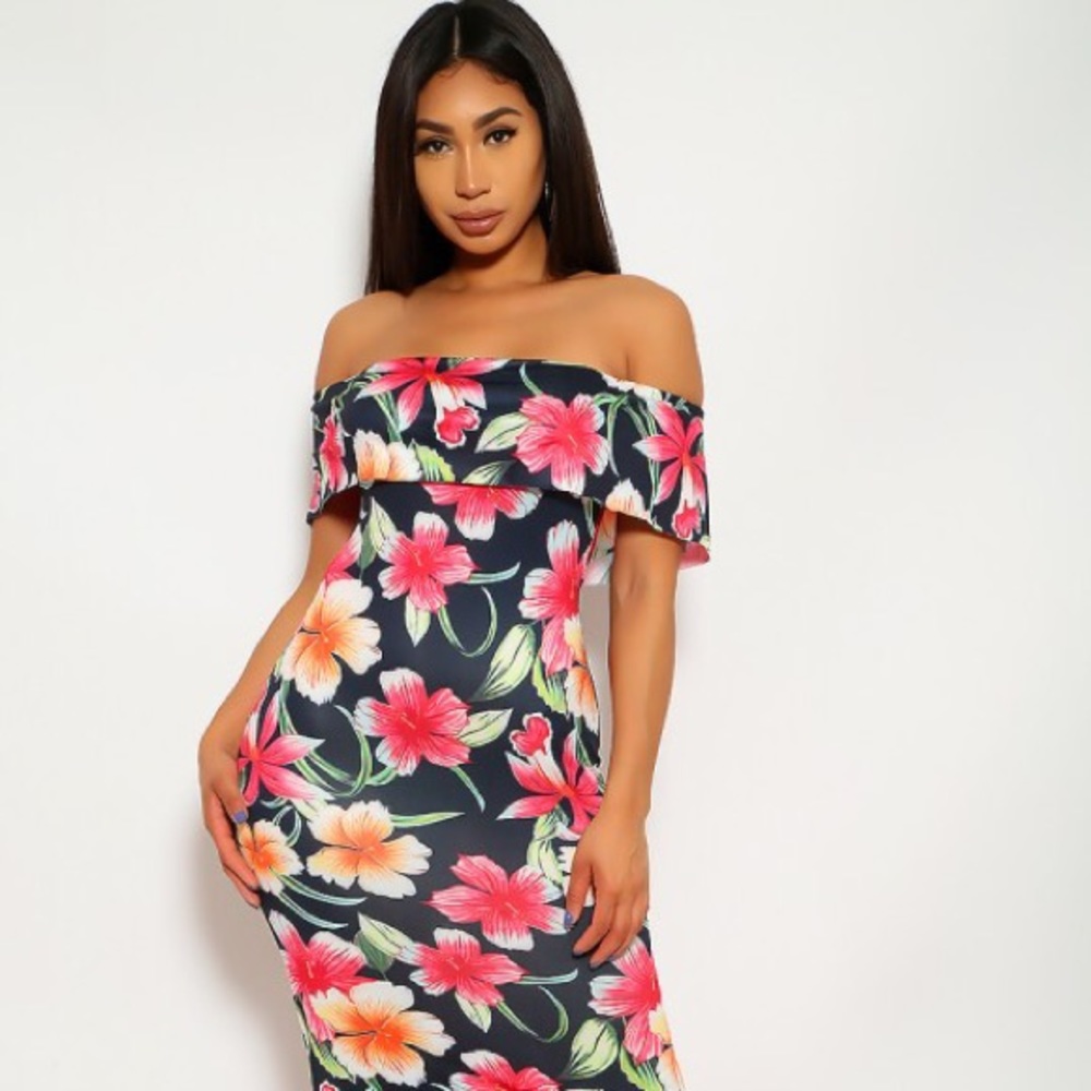 Black Floral Print Off The Shoulder Maxi Dress